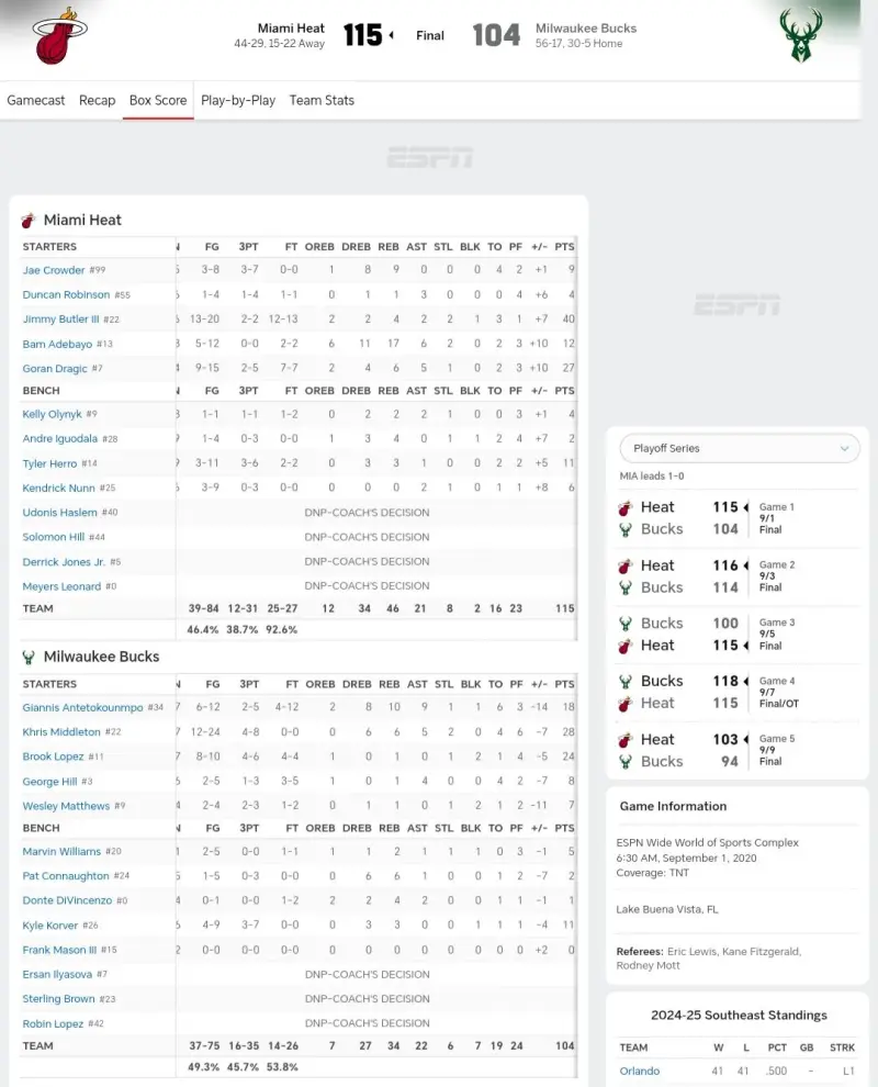 【热火放映室】2020年东部半决赛G1，巴特勒40分、德拉季奇27分，热火胜雄鹿